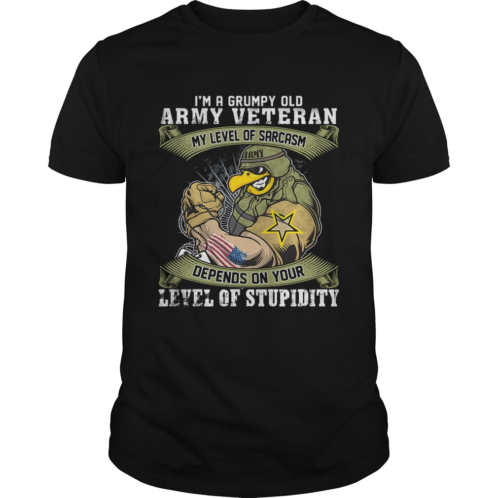 I’m a grumpy old army veteran my level of sarcasm depends on your level of stupidity shirt