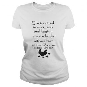 Ladies Tee She is clothed in muck boots and leggings and she laughs without shirt