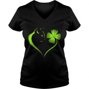 Ladies Vneck Cat Irish Four leaf clover heart T-Shirt