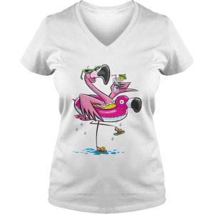 Ladies Vneck Flamingo on the flamingo float tube drinking juice shirt