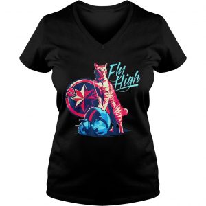 Ladies Vneck Fly High Captain Marvel Cat Shirt