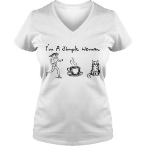 Ladies Vneck Im a simple woman I like running coffee and cat shirt