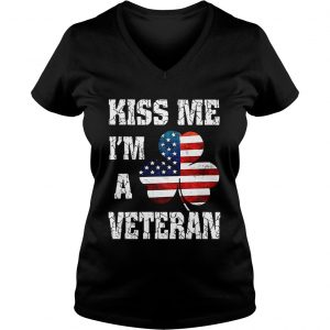 Ladies Vneck Kiss me Im a veteran American shamrock flag shirt