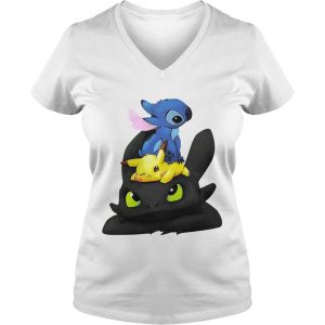 Ladies Vneck Stitch Pikachu and Toothless shirt