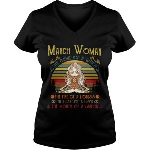 Ladies Vneck Yoga March woman the soul of a witch the fire of a lioness shirt