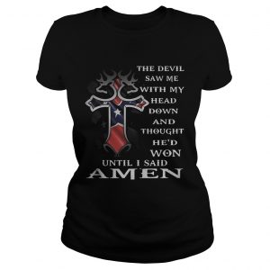 Ladies Tee American flag Cross The Devil saw me with my head down shirt