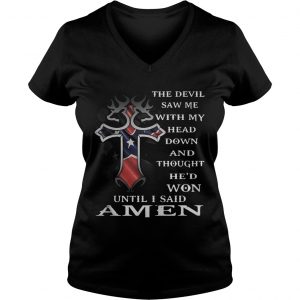 Ladies Vneck American flag Cross The Devil saw me with my head down shirt
