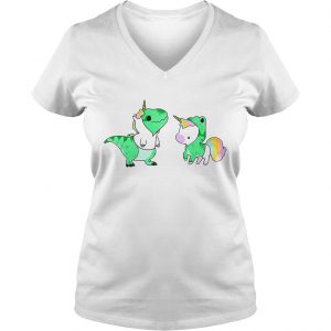 Ladies Vneck Baby Dinosaur TRex and Unicorn shirt