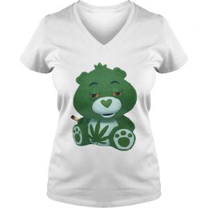 Ladies Vneck Bear green smoking Cannabis shirt