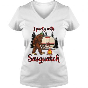 Ladies Vneck Bigfoot camping I party with Sasquatch shirt