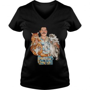 Ladies Vneck Freddie Mercury hug cats shirt