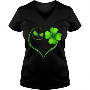 Ladies Vneck Jack Skellington and Irish Four Leaf Clover shirt