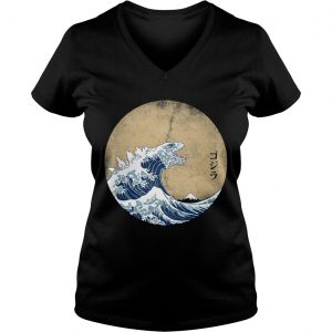 Ladies Vneck The great wave off Kanagawa Godzilla shirt