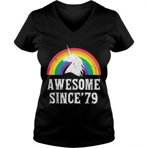 Ladies Vneck Unicorn 40th Birthday Rainbow Awesome since’79 shirt