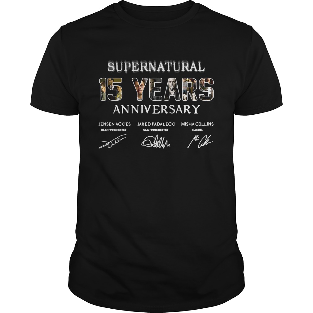 Supernatural 15 years anniversary Jensen Ackles Jared Padalecki Misha Collins signature tshirt