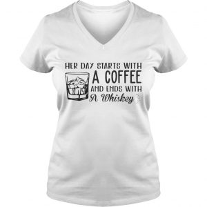 Her day starts with a coffee and ends with a whiskey Ladies Vneck