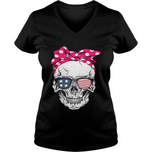 Skull lady with American flag sunglasses Ladies Vneck