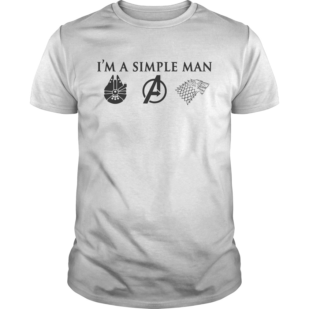 I’m a simple man I love Millennium Falcon Star Wars Avengers and Game of Thrones tshirt