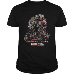 Guys Marvel the first ten years all characters signature Avengers shirt