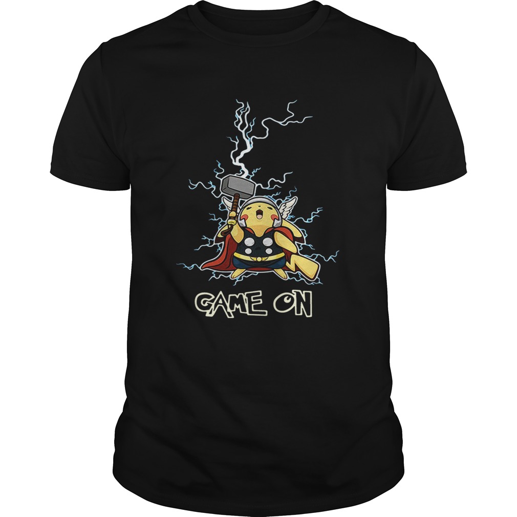 Pikachu being the God of Thunder Thor game on shirt
