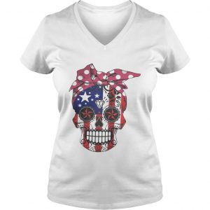 Pink bow Skull Diamond Flag American Ladies Vneck