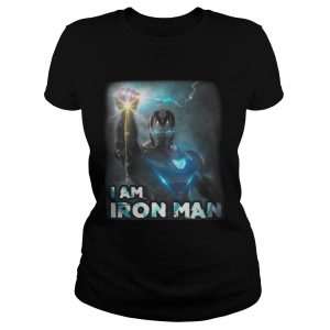 Tony Stark wielding The Infinity Gauntlet I am Iron Man Ladies Tee