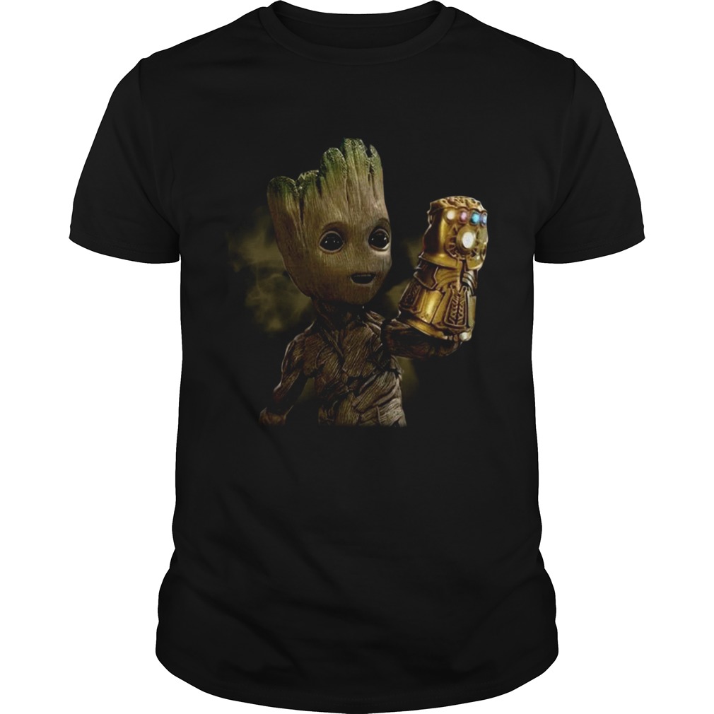 Baby Groot wearing infinity gauntlet shirt