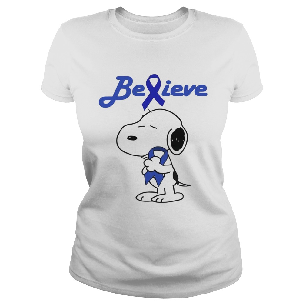 Snoopy Believe Cancer Colon Dark Blue Awareness TShirt Classic Ladies