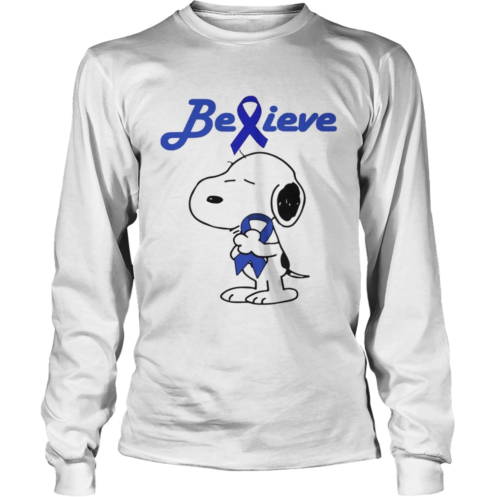 Snoopy Believe Cancer Colon Dark Blue Awareness TShirt LongSleeve