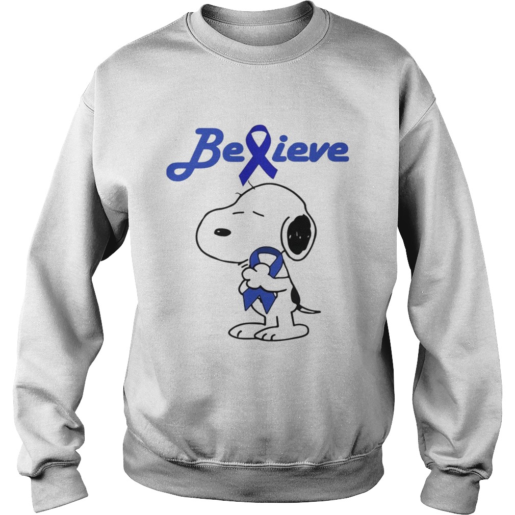 Snoopy Believe Cancer Colon Dark Blue Awareness TShirt Sweatshirt