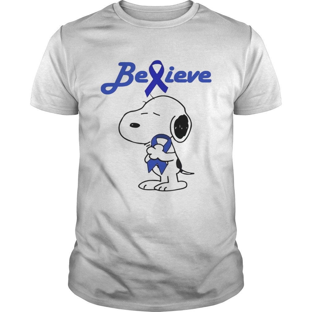 Snoopy Believe Cancer Colon Dark Blue Awareness TShirt Unisex
