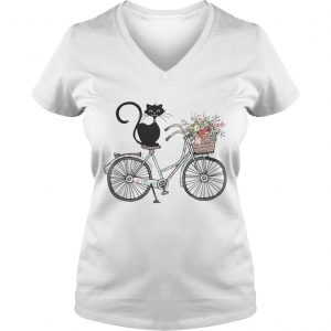 Cat black driving bicycle flower Ladies Vneck