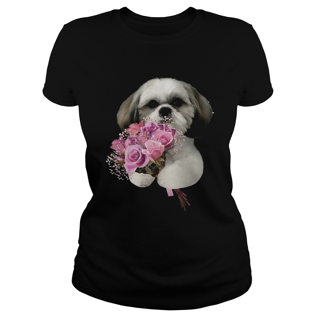 Shih Tzu holds a bunch of roses Classic Ladies