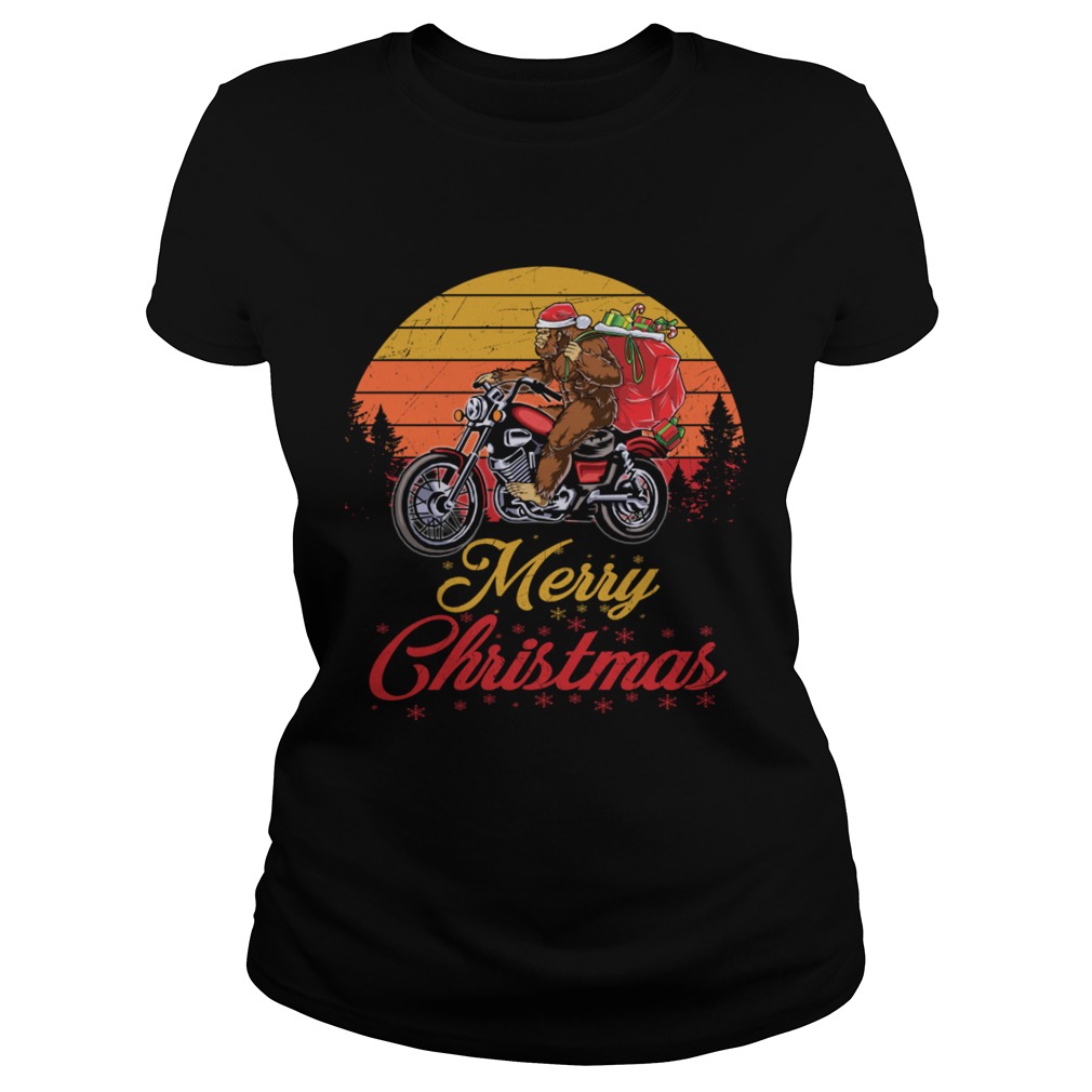 Bigfoot Santa Riding Motorcycle Delivers Christmas Gifts TShirt Classic Ladies