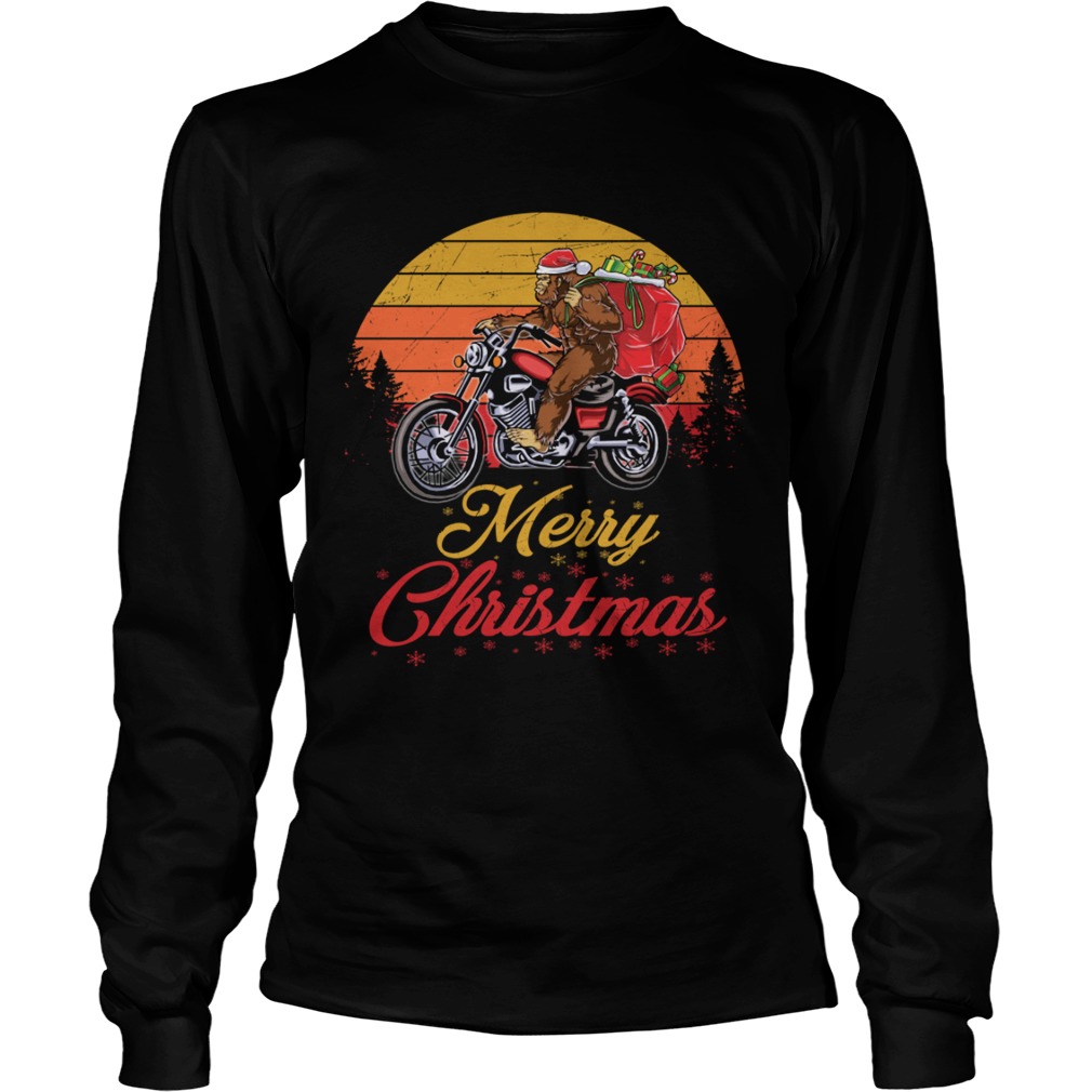 Bigfoot Santa Riding Motorcycle Delivers Christmas Gifts TShirt LongSleeve