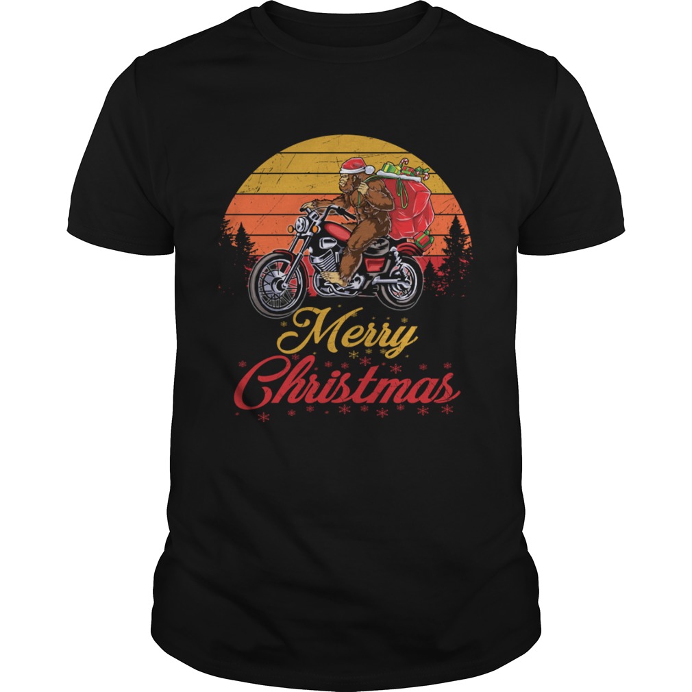 Bigfoot Santa Riding Motorcycle Delivers Christmas Gifts TShirt