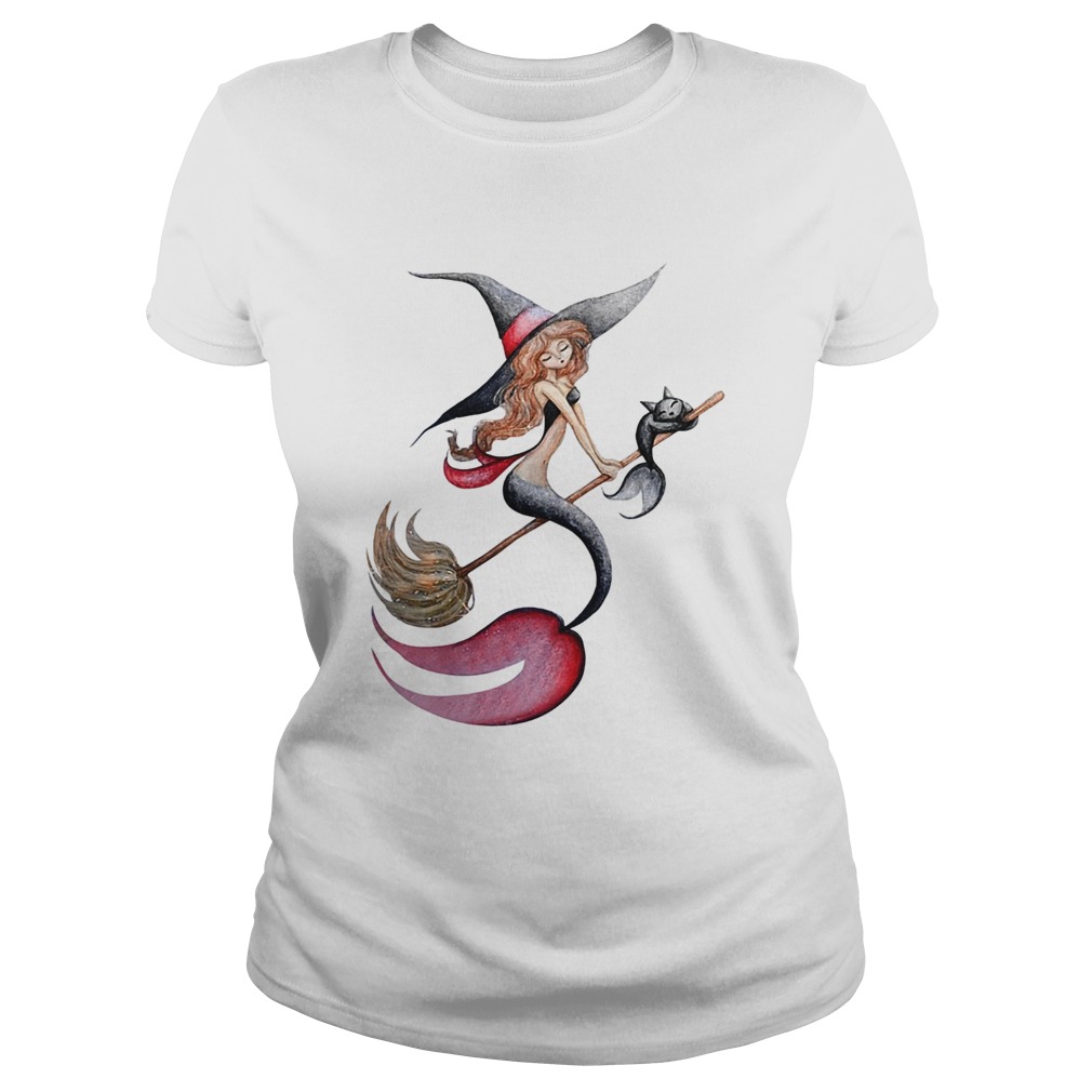 Halloween witch mermaid is riding a broom with her cat Classic Ladies
