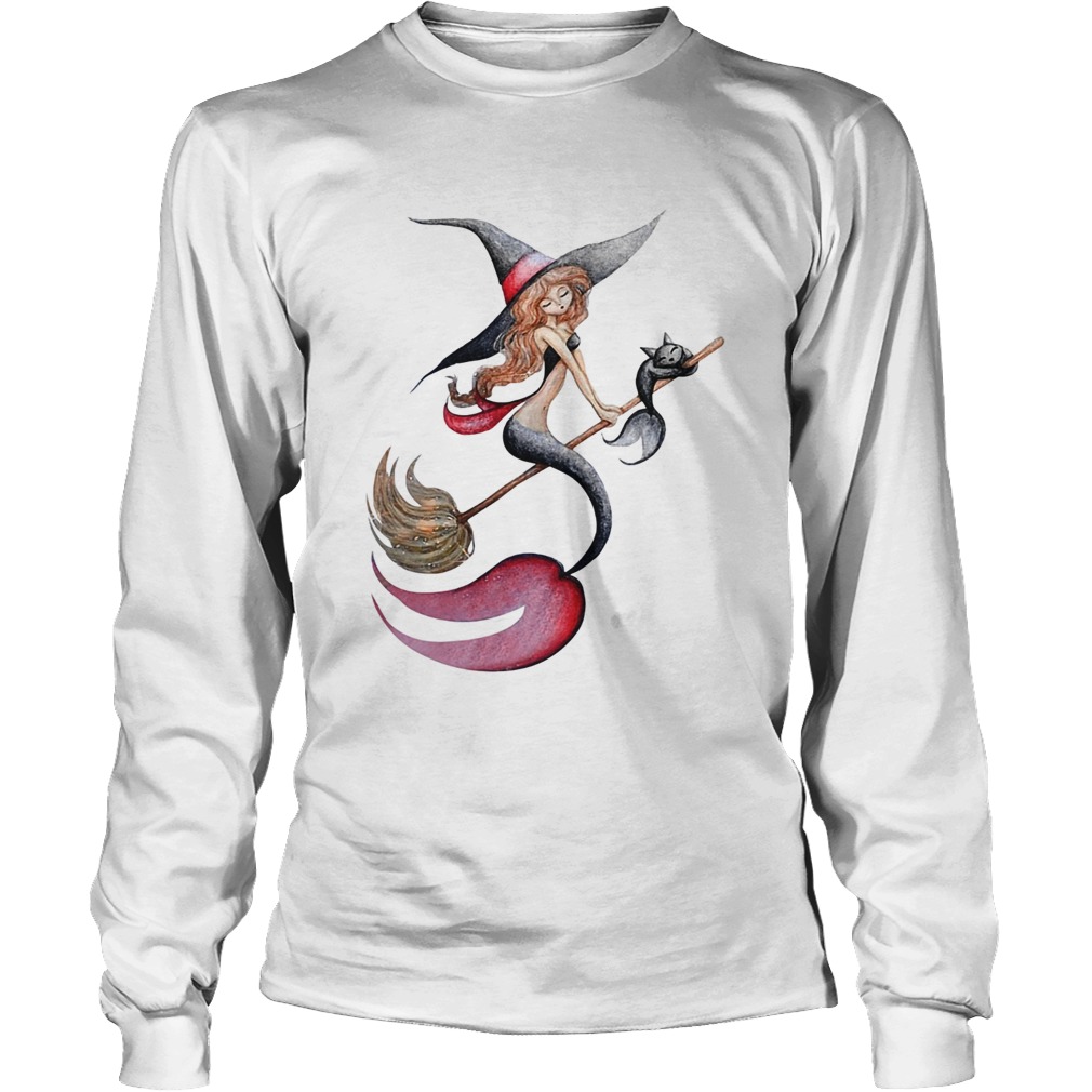 Halloween witch mermaid is riding a broom with her cat LongSleeve