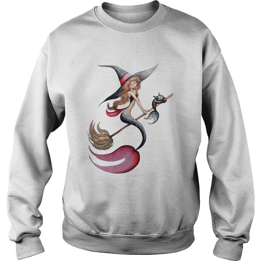 Halloween witch mermaid is riding a broom with her cat Sweatshirt