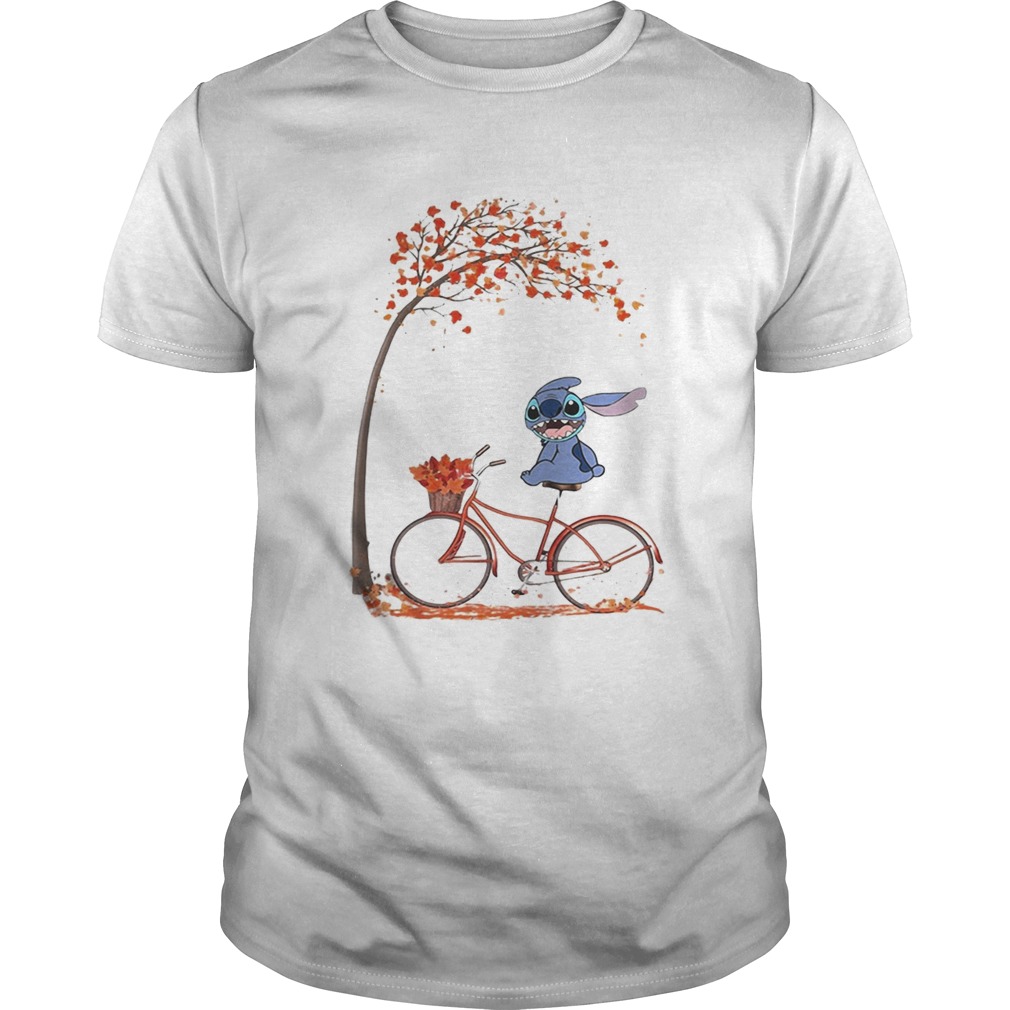 Stitch riding bicycle autumn leaf tree shirt