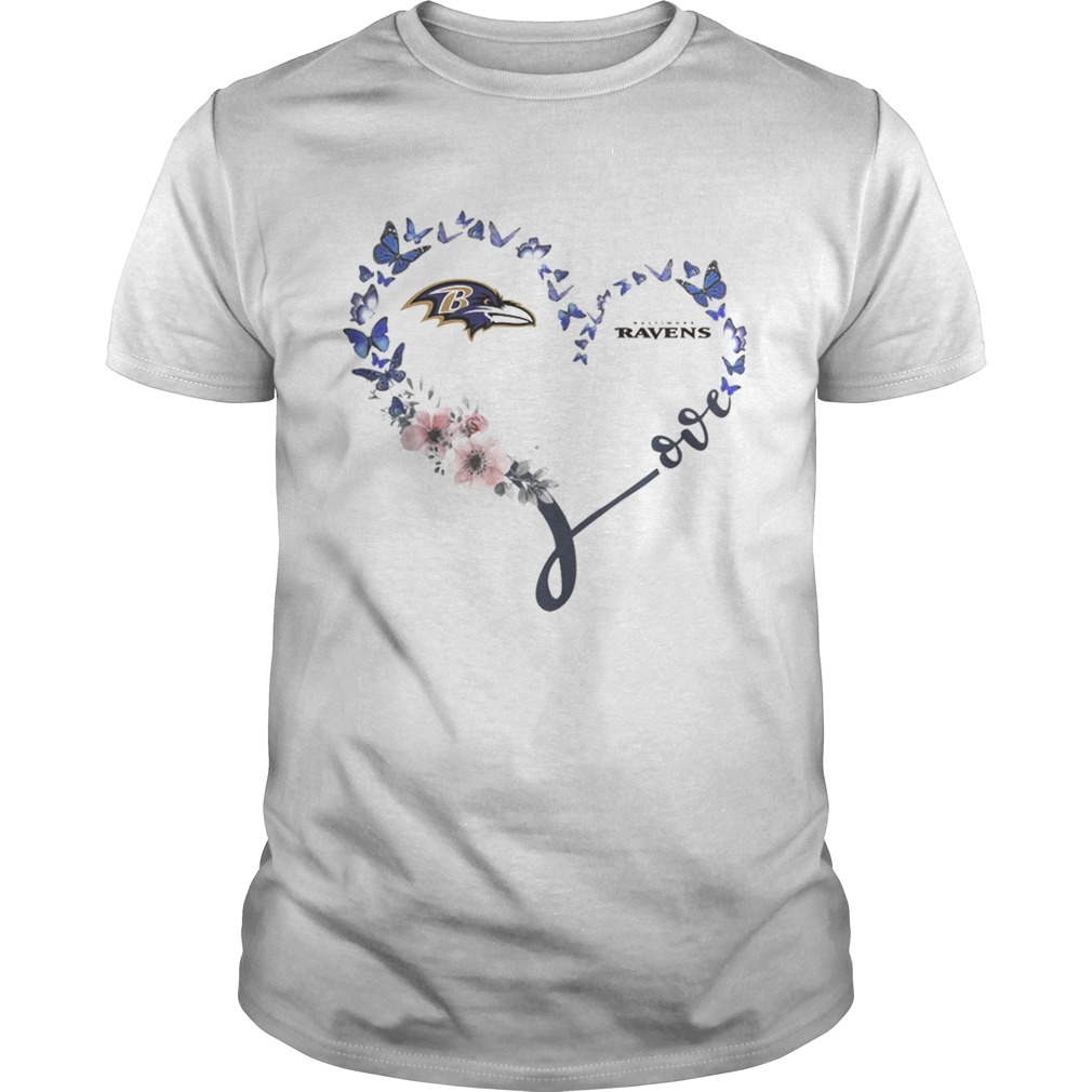Baltimore Ravens Heart Butterfly And Flowers Shirt
