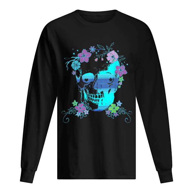 Beautiful Skull and Flowers, Halloween, Rave, Concert Long Sleeved T-shirt 