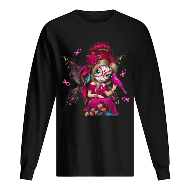 Cute Breast Cancer Girl Sugar Skull Costume Halloween T-Shirt Long Sleeved T-shirt 