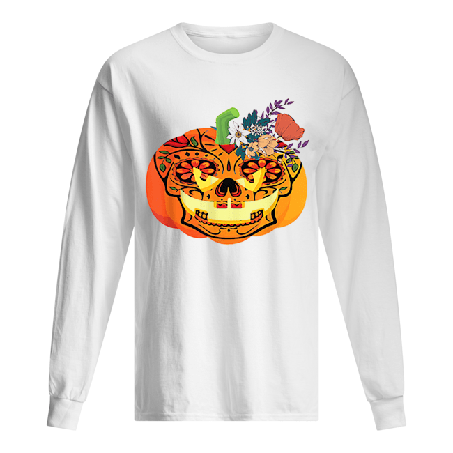 Day of the Dead Sugar skull in Pumpkin Halloween Long Sleeved T-shirt 