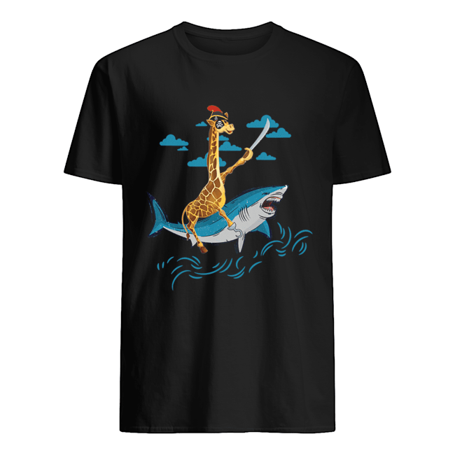 Giraffe Pirate Riding Shark Sword Cute Animal Halloween Gift T-Shirt