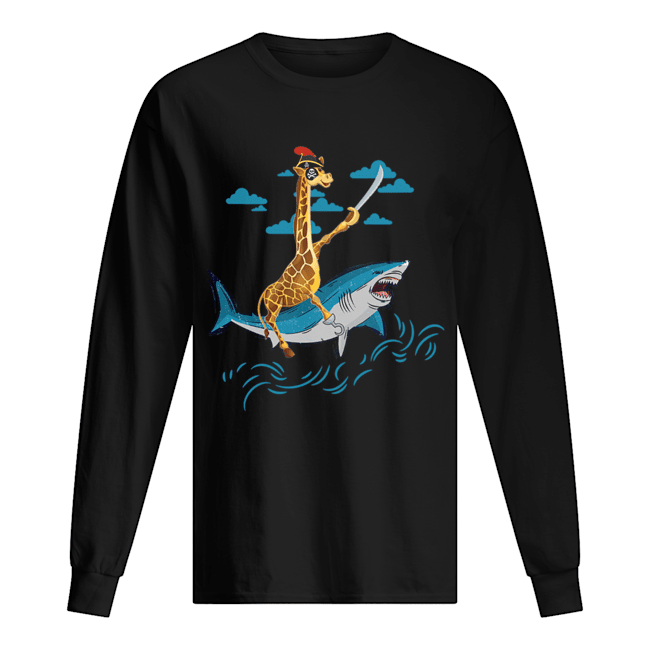 Giraffe Pirate Riding Shark Sword Cute Animal Halloween Gift T-Shirt Long Sleeved T-shirt 