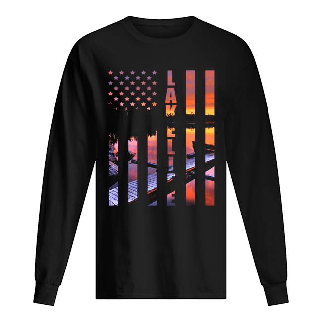 Lake Life US Flag Dock Sunset Wakeboarder Boat T-Shirt Long Sleeved T-shirt 