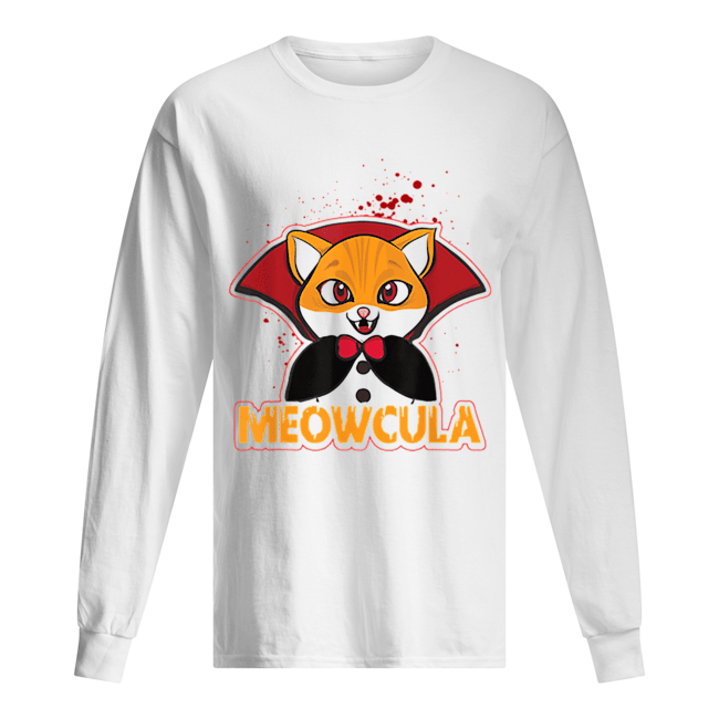 Meowcula Funny Cat Vampire Dracula Halloween Kitty Long Sleeved T-shirt 