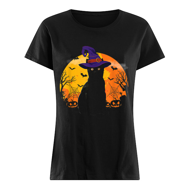 Nice Vintage Scary Costume Halloween Black Cat Witch Hat Moon Classic Women's T-shirt