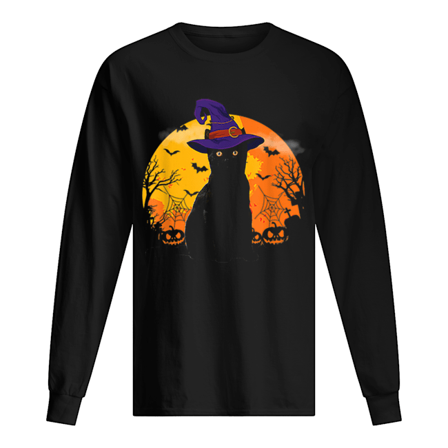 Nice Vintage Scary Costume Halloween Black Cat Witch Hat Moon Long Sleeved T-shirt 